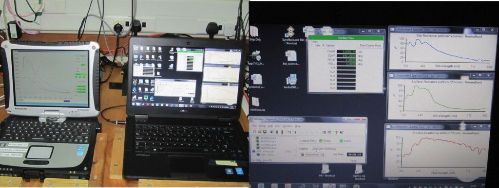 Data from the optical sensors are transferred through a mini deck unit to laptops in the met laboratory. (PML)