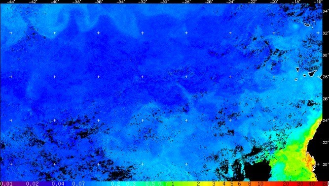 Chlorophyll-a median composite from 27 September to 03 October 2017. (Image processed by Silvia Pardo for the NERC National Earth Observation Data Analysis and Archive Service at Plymouth Marine Laboratory).