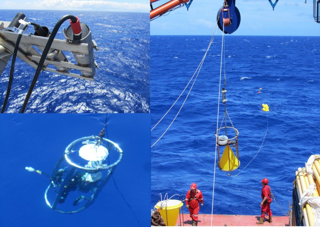 Top left: Plymouth Marine Laboratory (PML) and Tartu Observatory radiometers look down onto the blue waters of the Southern Gyre. Bottom left: The PML optics rig below the surface. Bottom right: deployment of sediment traps in the Southern Gyre. (Gavin Tilstone)